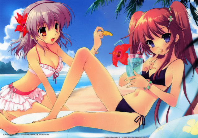 Anime girls beach bikini flower free wallpaper for desktop - medium preview image