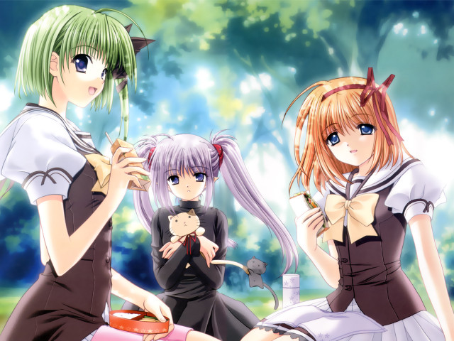 Three anime girls park bench free wallpaper for desktop - medium preview image