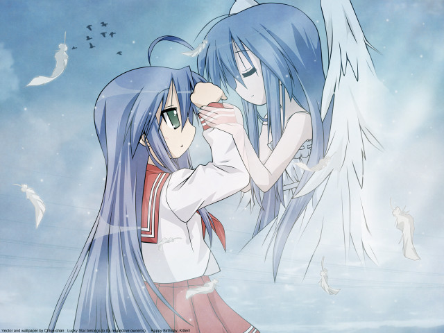 Anime hugging angel birds feathers free wallpaper for desktop - medium preview image