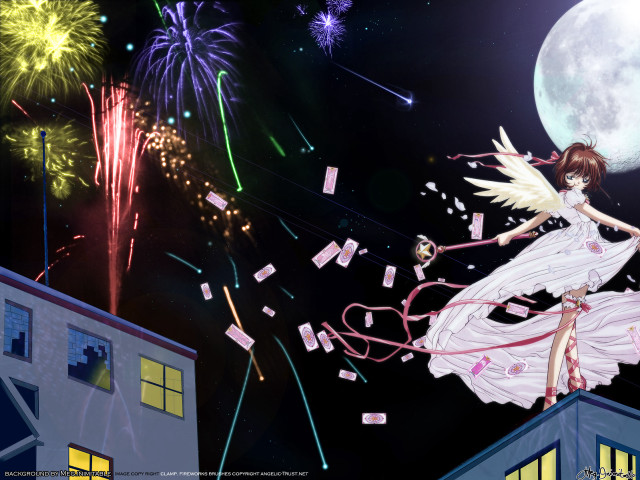 Girl white dress flying fireworks free wallpaper for desktop - medium preview image