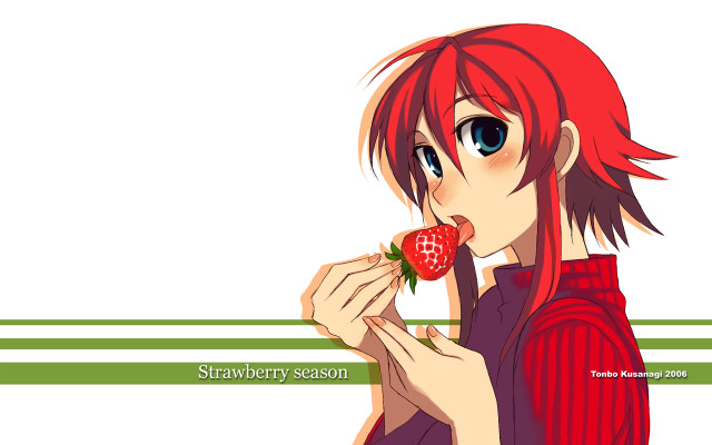Red hair girl eating strawberry free wallpaper for desktop - medium preview image