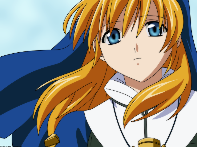 Anime girl blonde blue cape free wallpaper for desktop - medium preview image