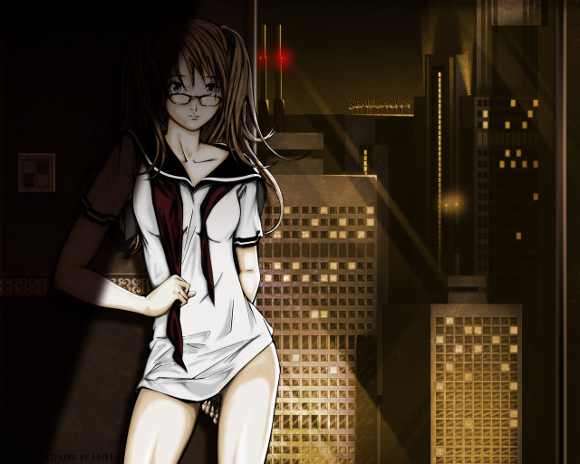 Girl cityscape night anime giantess free wallpaper for desktop - medium preview image