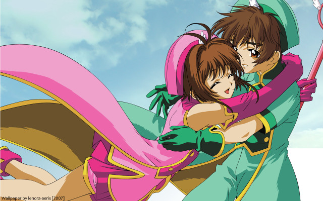 Anime hugging couple sky clouds free wallpaper for desktop - medium preview image
