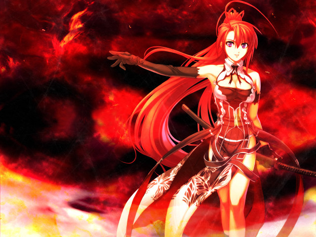 Woman red dress sword fire free wallpaper for desktop - medium preview image