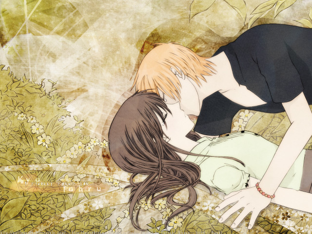 Couple kissing flowers leaves anime free wallpaper for desktop - medium preview image