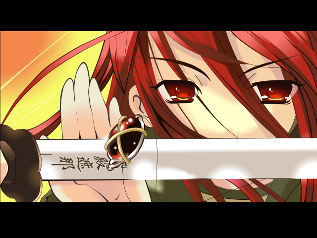 Redhair girl sword behindhead serious free wallpaper for desktop - medium preview image