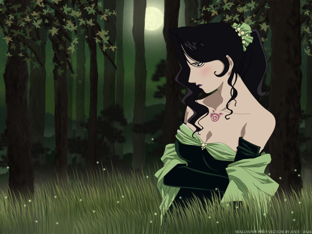 Green dress forest night fireflies free wallpaper for desktop - medium preview image