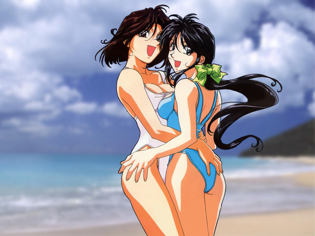 Beach hugging girls anime retro free wallpaper for desktop - medium preview image