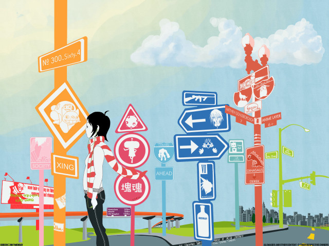 Woman streetcorner signs citybackground toyism free wallpaper for desktop - medium preview image