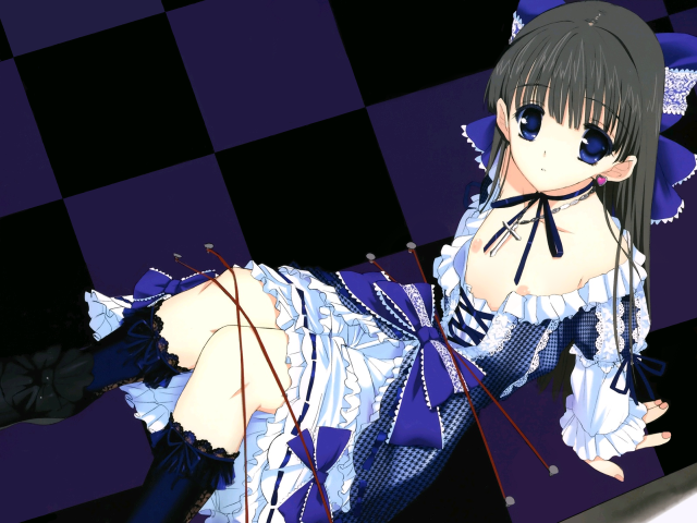 Woman blue dress checkered floor free wallpaper for desktop - medium preview image