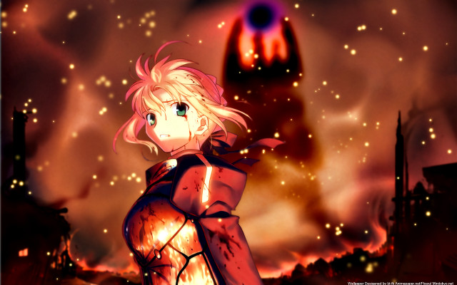 Anime girl fire sky red free wallpaper for desktop - medium preview image