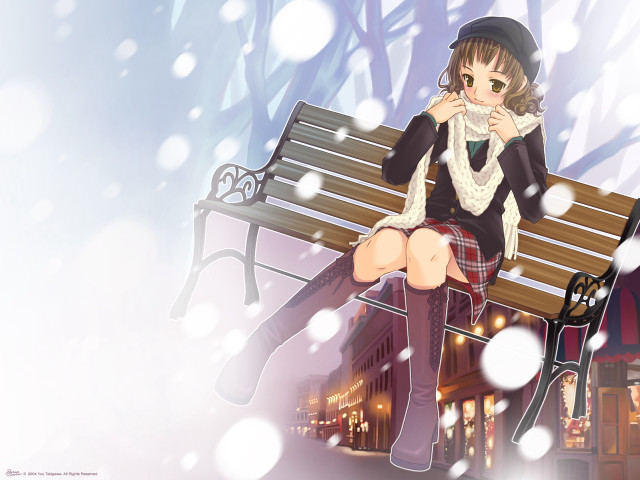 Woman sitting bench snow coffee free wallpaper for desktop - medium preview image