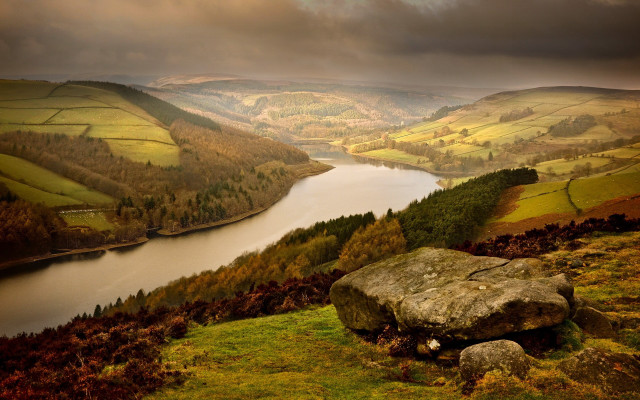 Large rock lush green hillside free wallpaper for desktop - medium preview image