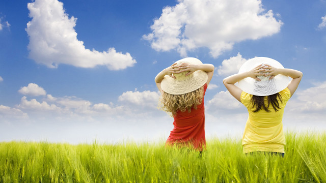 Two women hats field sky free wallpaper for desktop - medium preview image
