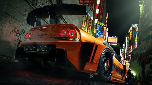 Dark alley neon car eddie free wallpaper for desktop - medium preview image