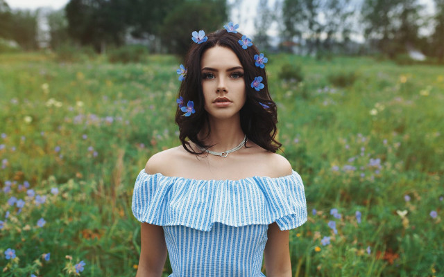 Woman blue dress flower field free wallpaper for desktop - medium preview image