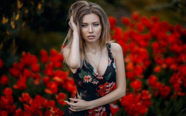 Woman floral dress field red free wallpaper for desktop - medium preview image