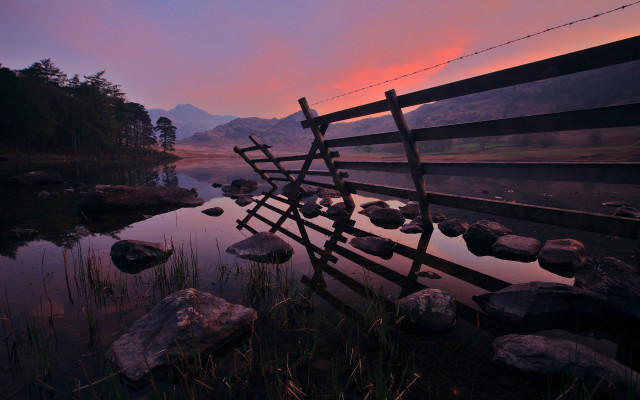 Wooden fence water sunset mountains #2 free wallpaper for desktop - medium preview image