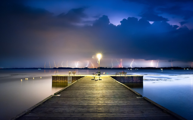 Pier light night clouds city free wallpaper for desktop - medium preview image