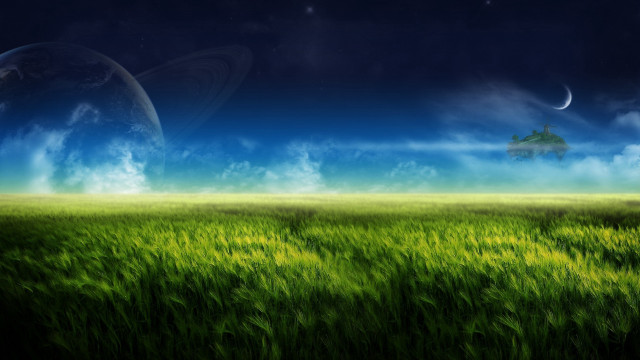 Green field house moon planet free wallpaper for desktop - medium preview image