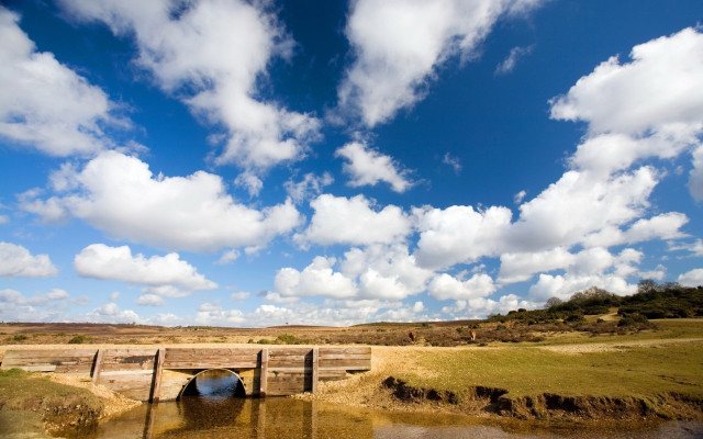 Bridge water clouds grassy landscape free wallpaper for desktop - medium preview image
