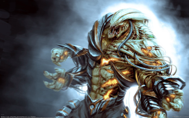 Fantasy biomechanical glowing sword armor free wallpaper for desktop - medium preview image