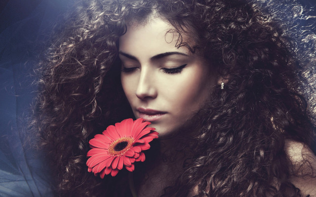 Woman curly hair red flower #2 free wallpaper for desktop - medium preview image