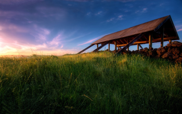 Wooden structure field logs sky free wallpaper for desktop - medium preview image