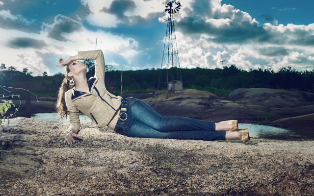 Woman windmill beach mountains sunset free wallpaper for desktop - medium preview image