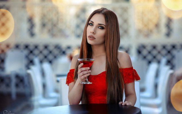 Woman red dress wine serious free wallpaper for desktop - medium preview image