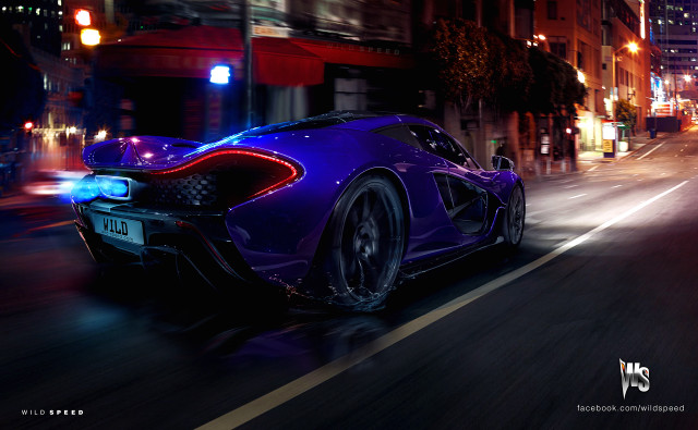 Purple sports car night cityscape free wallpaper for desktop - medium preview image