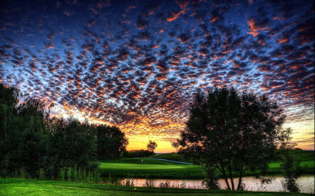Sunset golf course pond trees #2 free wallpaper for desktop - medium preview image