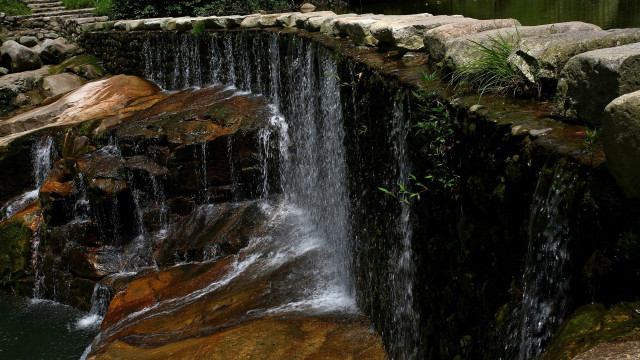 Waterfall bench pond rocks plants free wallpaper for desktop - medium preview image