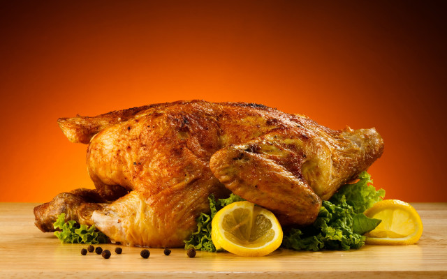 Roasted chicken lemons greens cuttingboard free wallpaper for desktop - medium preview image