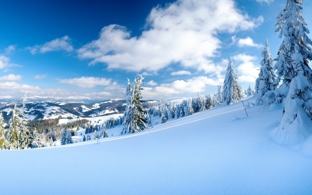 Snowy mountain trees clouds blue #2 free wallpaper for desktop - medium preview image