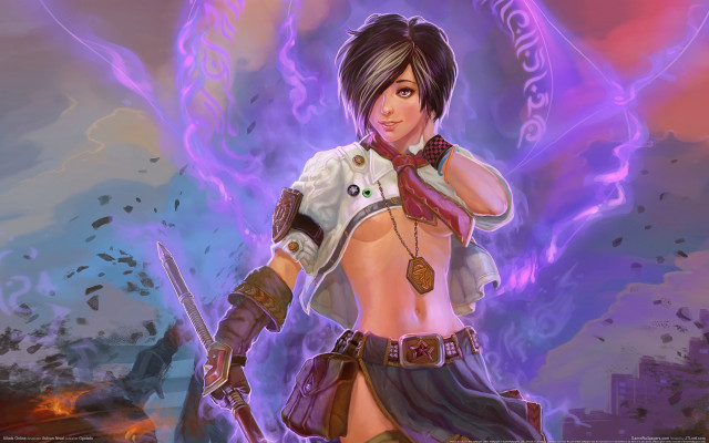 Woman sword purple fire fantasy free wallpaper for desktop - medium preview image