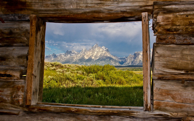Mountain view wooden frame grass free wallpaper for desktop - medium preview image