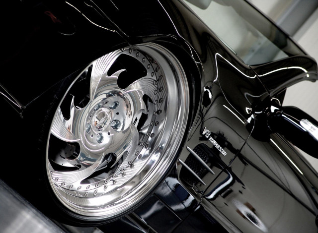Black car chrome wheels garage free wallpaper for desktop - medium preview image