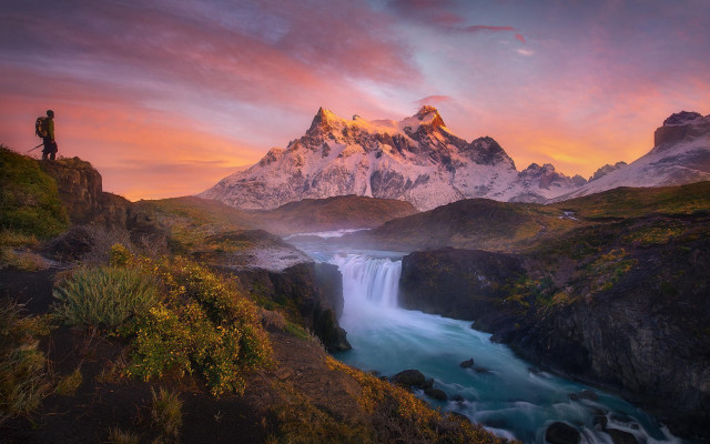 Cliff overlook waterfall mountain sunset free wallpaper for desktop - medium preview image