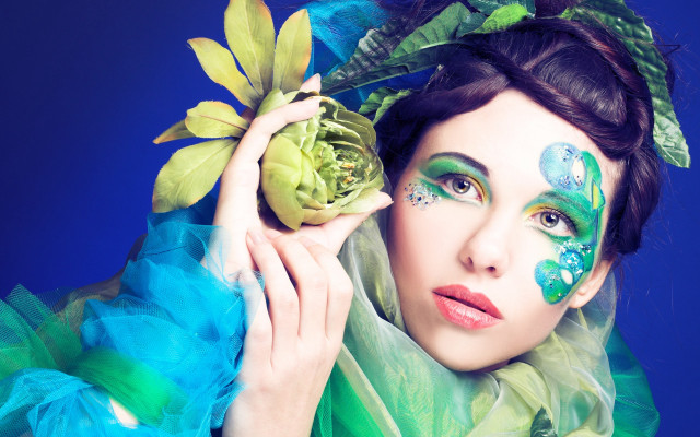 Woman green makeup flower blue free wallpaper for desktop - medium preview image