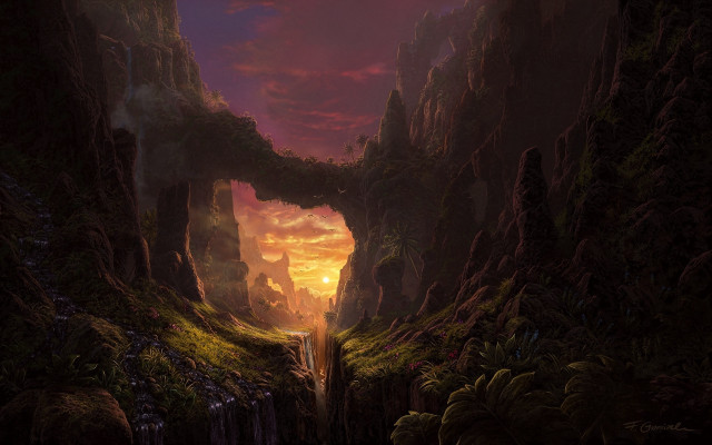 Cave waterfall sunset fantasy matte free wallpaper for desktop - medium preview image