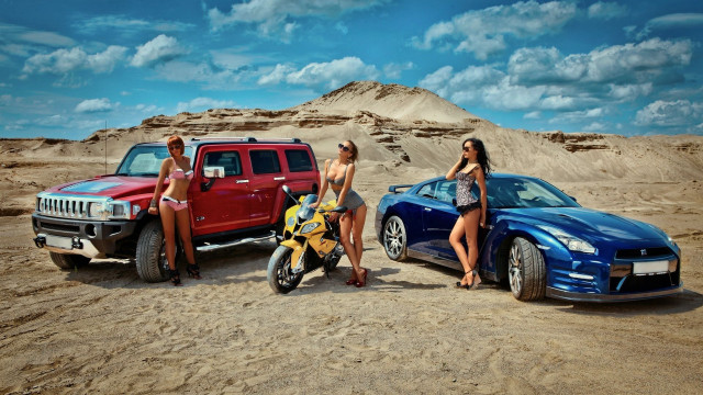 Three women luxury vehicles beach free wallpaper for desktop - medium preview image