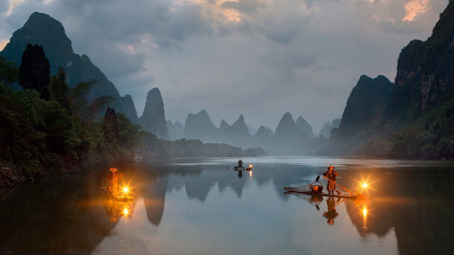 Lake mountains night fire embers free wallpaper for desktop - medium preview image