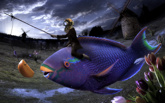 Gas mask fishing surreal city free wallpaper for desktop - medium preview image