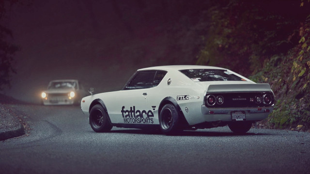 White car night road forest free wallpaper for desktop - medium preview image