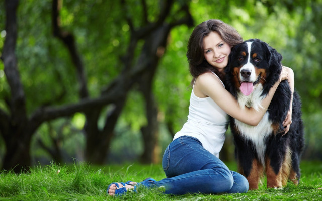Woman hugging dog park nature #2 free wallpaper for desktop - medium preview image