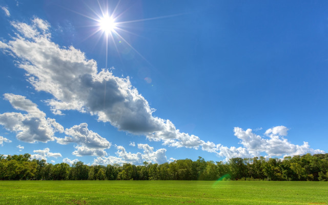 Sunshine field clouds trees mountains free wallpaper for desktop - medium preview image