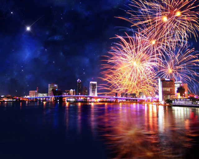 Fireworks cityscape bridge river night free wallpaper for desktop - medium preview image