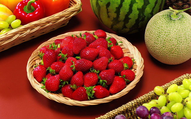 Fruit basket stilllife watermelon grapes free wallpaper for desktop - medium preview image